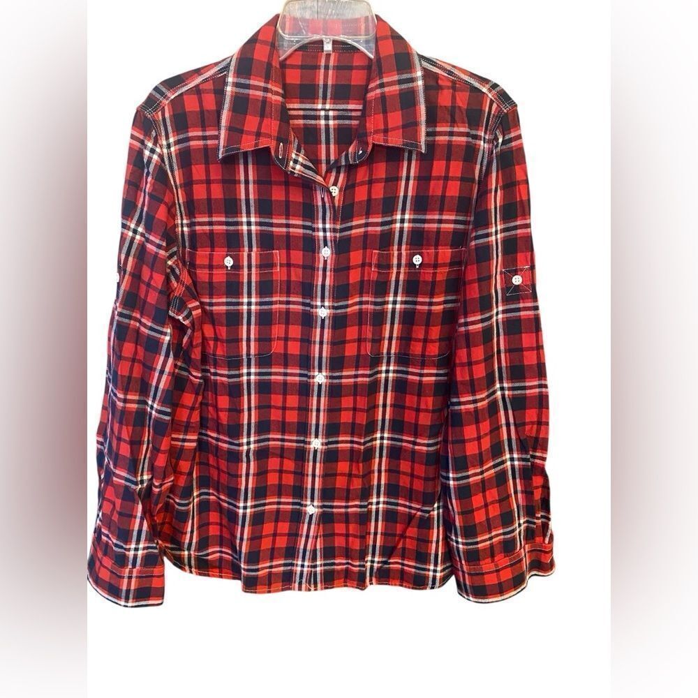 Lauren Ralph Lauren Sz L* Black Red Plaid Flannel Cotton Button Down Shirt